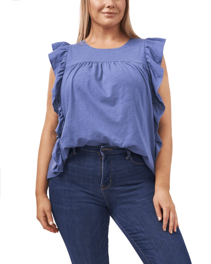 Front of a model wearing a size 1X Marilynn Ruffled Top in BLUE HAZE by CeCe. | dia_product_style_image_id:263781